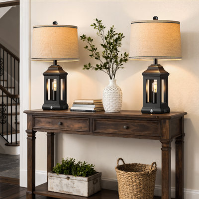 24in Rustic Farmhouse Table Lamps For Living Room Set Of 2, Touch Dimmable Nightlight Vintage Bedside Lamps Black
