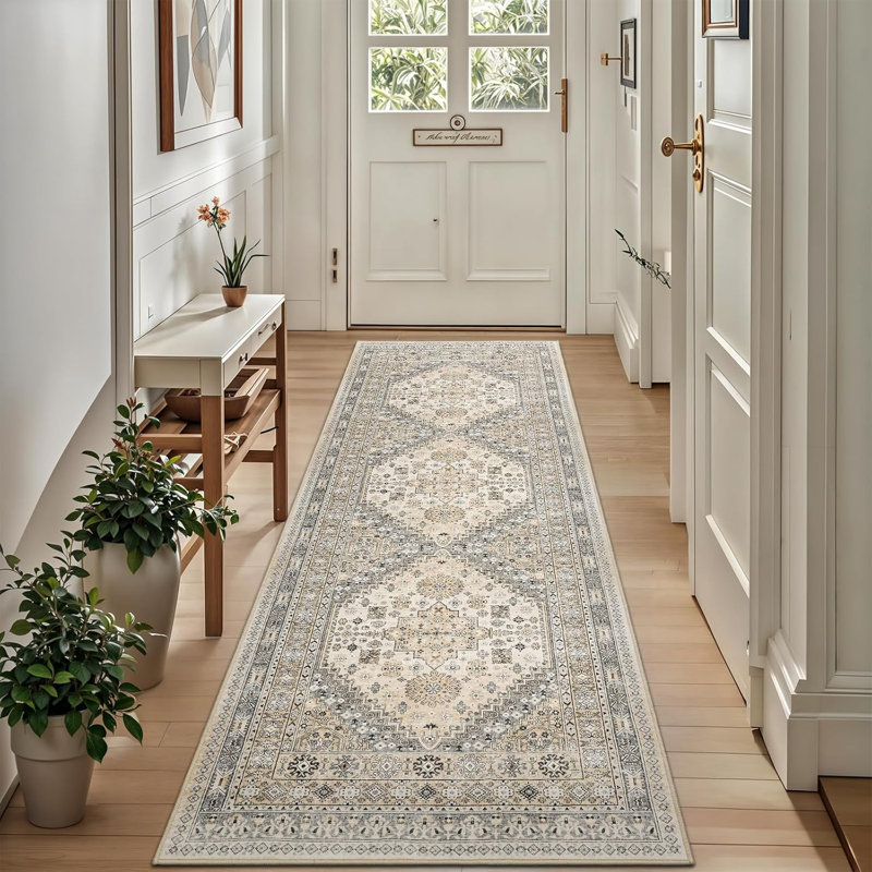 Medallion Non Slip Washable Rug(Beige), Runner 2'6" x 8'