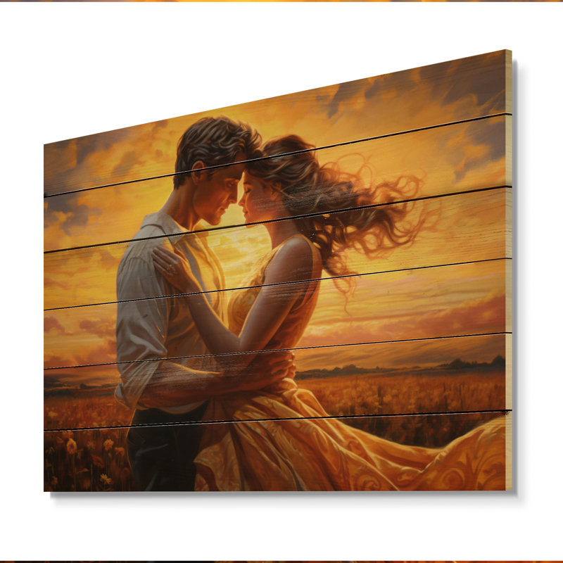 Braeley, Couple romantique, paysage, étreinte lumineuse, impression sur bois II, H 24 po x l 32 po x P 0,78 po