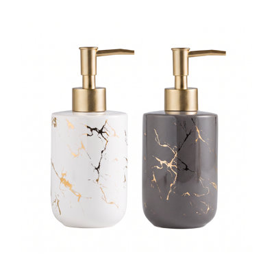 Distributeurs de savon en céramique effet marbre, ensemble de 2 – Flacons à pompe blancs et gris pour salle de bain et cuisine, rechargeables pour savon et lotion pour les mains (lot de 2).