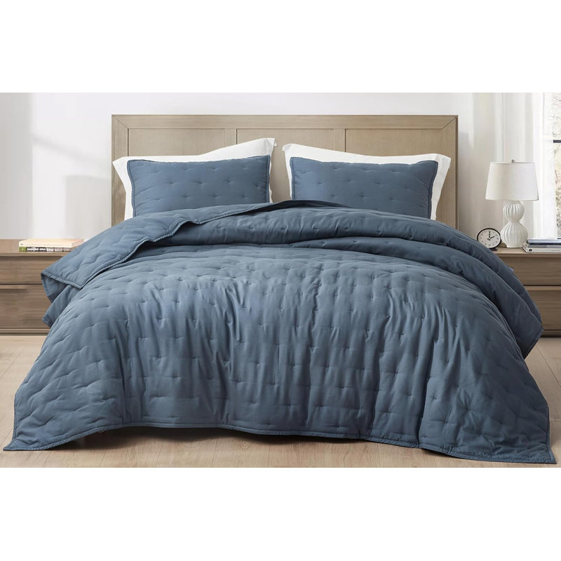 Glen Lightweight Cooling Rayon Derived from Bamboo Blended Crescent Quilt Set, Steel Blue, King Quilt + 2 King Shams