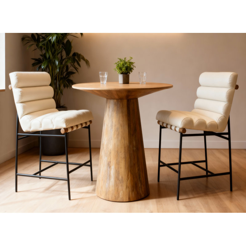 Ensemble de table de bar 36 po Iudita avec 2 chaises de comptoir Layla en cuir authentique ivoire