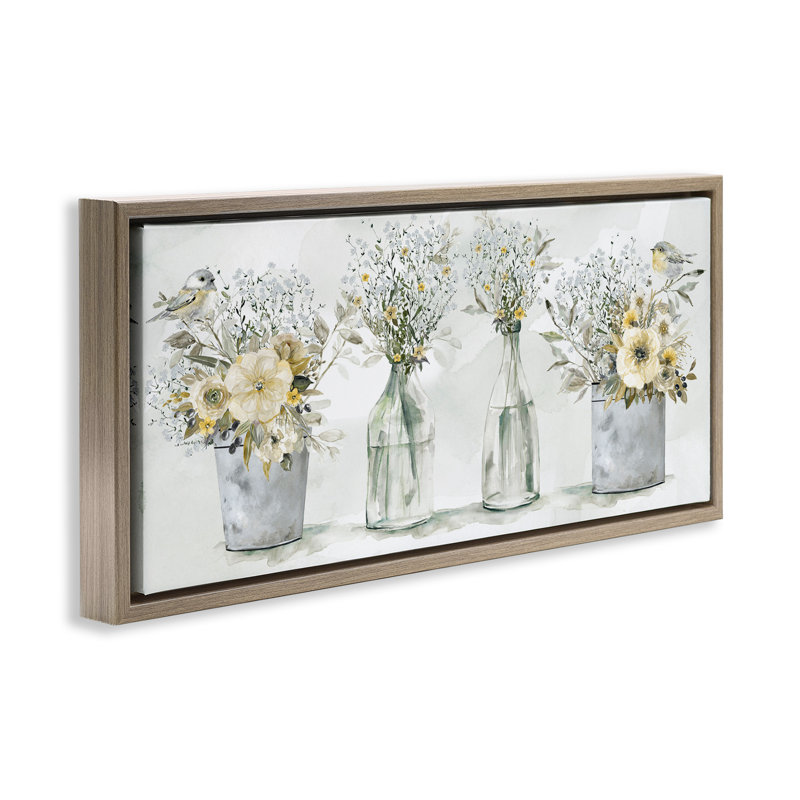Oiseaux chanteurs avec bouquets de fleurs, Cadre flottant orme Montalcino, H 14 po x l 31 po