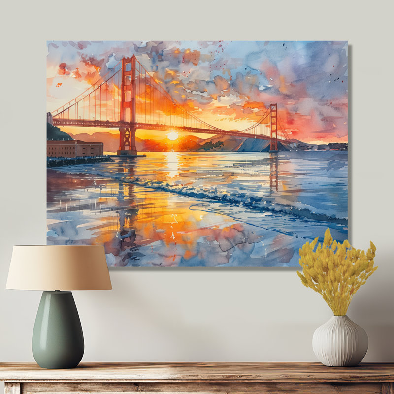 Décoration murale jaune et rouge Golden Gate Summer Sunset Glow IV - Ponts, Toile tendue, H 30 po x l 40 po x P 1,5 po