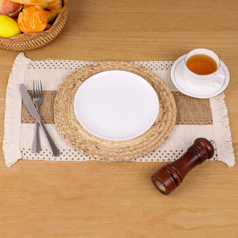 Handmade Boho Placemats Set Of 6 - Natural Cotton Burlap And Water Straw Woven Combination Table Mats, Macrame Décor And Farmhouse Style Placemats, For Dining Table Kitchen