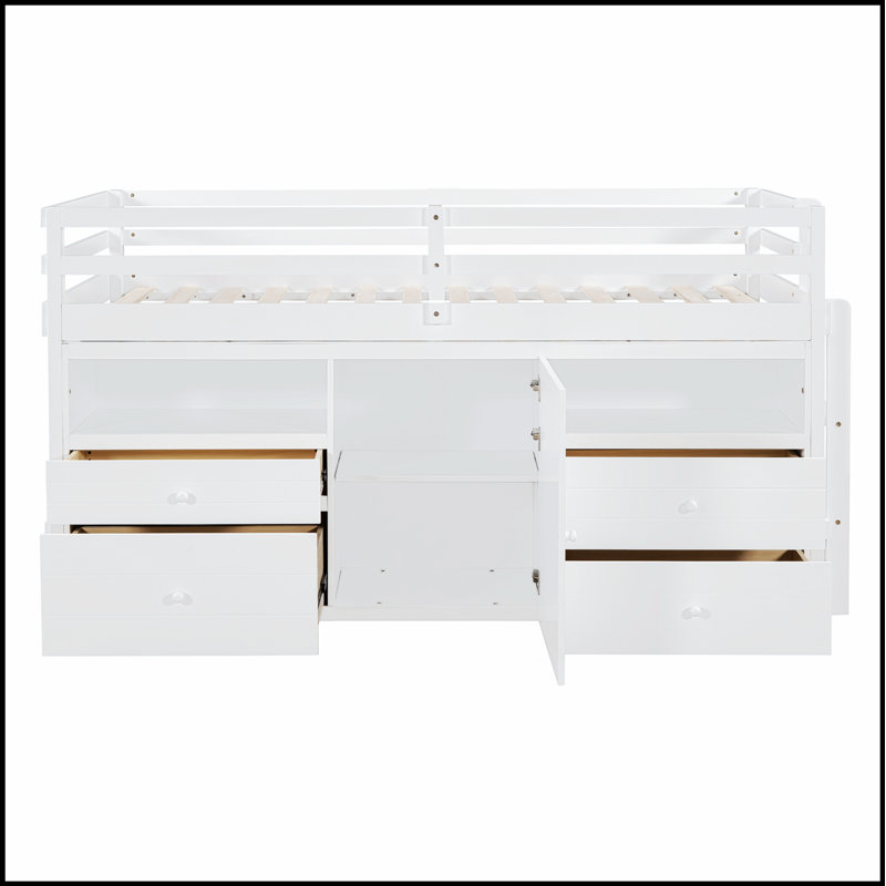 Lit mezzanine en bois Kellsey avec 4 tiroirs, une armoire et des tablettes pour un rangement optimal