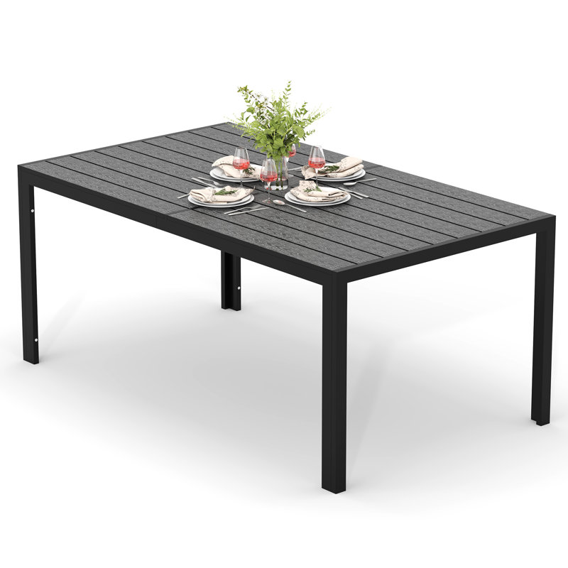 Table de salle à manger d'extérieur, table de salle à manger rectangulaire de 59 po avec plateau à lattes en Hdpe imitant le bois, table de salle à manger d'extérieur en métal pour l'extérieur, l'intérieur, la pelouse, le jardin et la cour