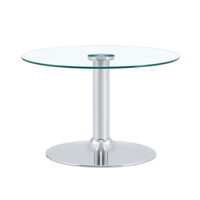 27.5" Light‑Luxury Round Coffee Table, Transparent Tempered Glass Tabletop with Polished Silver Wide‑Base Metal Stand, Stable Single‑Column Table for Home Decor
