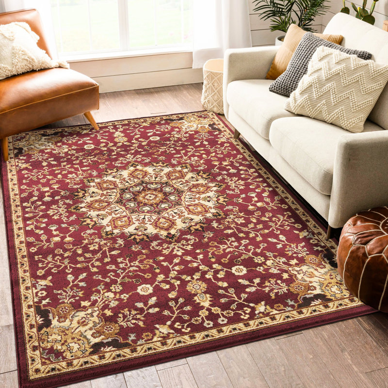 Tapis rouge en polypropylène 7 pi 3 po par 5 motif médaillon classique et intemporel pour tout espace