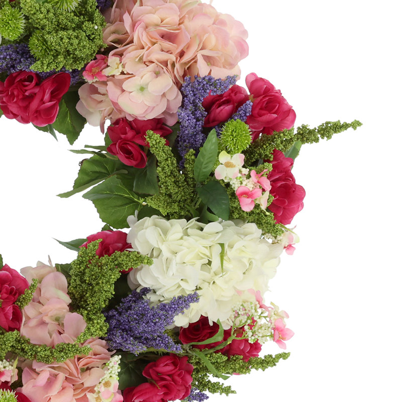 27" Grapevine Wreath With Hydrangeas, Heather, Begonia And Cherry Blossoms