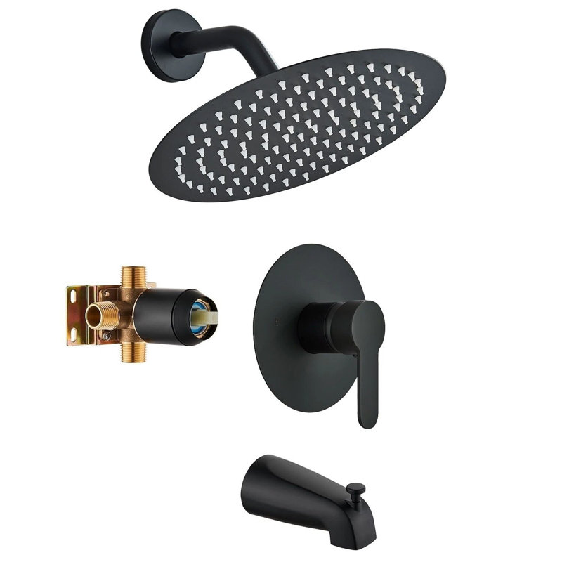 Black Tub Shower Faucet Set Complete 8 in Rain Shower Head and Tub Spout w/Valve