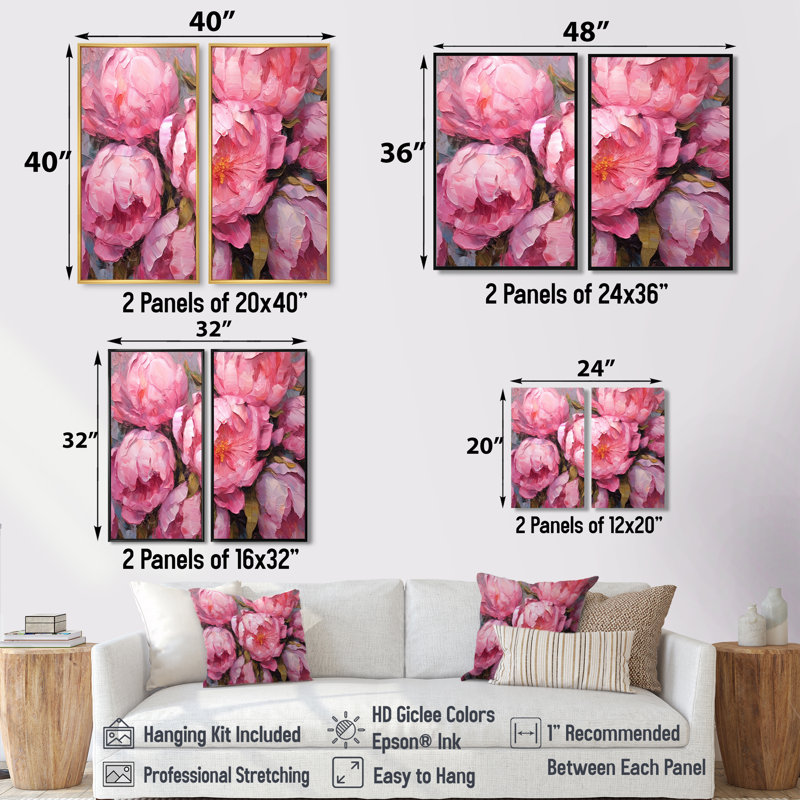 Pivoine rose Perfection I - grande décoration murale florale 2 panneaux, H 32 po x l 32 po, Noir