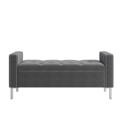 Square Arm Tufted Top Storage Bench Ottoman with Pewter Nailhead Trim in Plush Velvet, Perfect for Modern and Functional Living Spaces