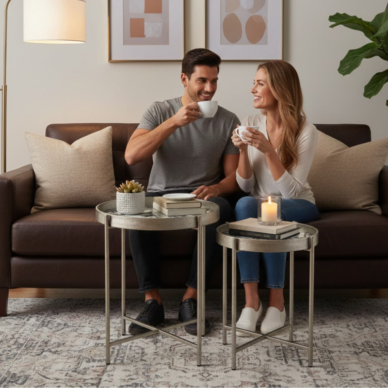 Glass Top Side Leaf Print design Table Set of 2 - Stylish Round Edge Coffee and End Tables for Living Room, Bedroom and Office