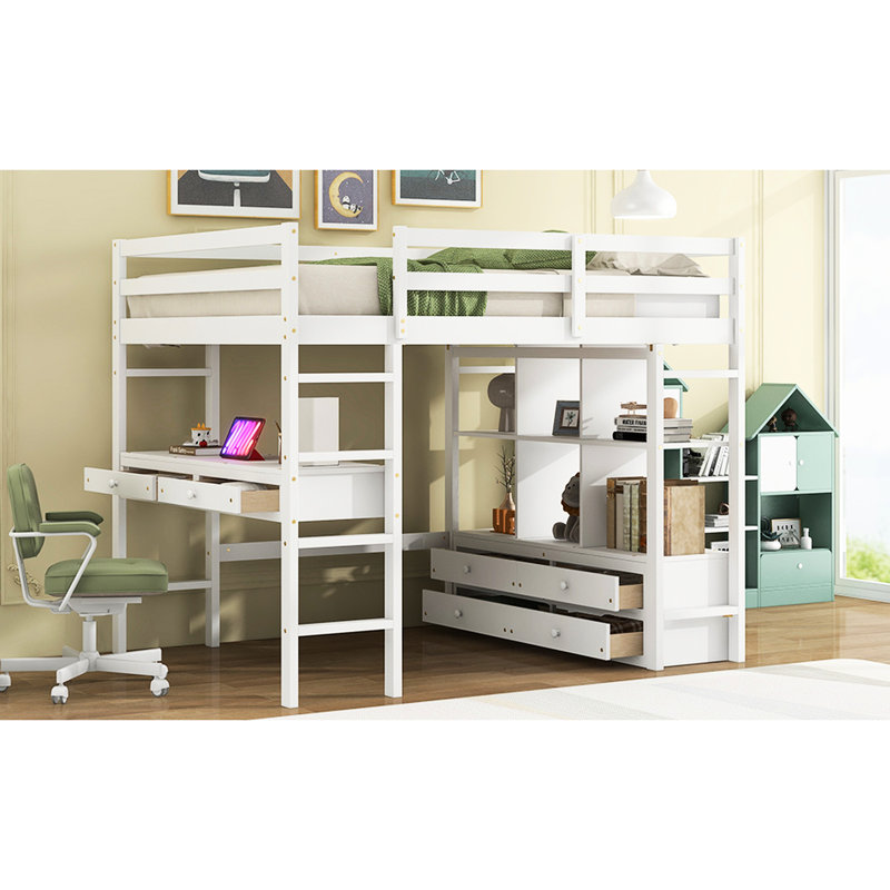 Lit mezzanine double avec bureau et rangement intégrés, blanc - Économisez de l'espace et maximisez la fonctionnalité des tiroirs, des armoires, des tablettes