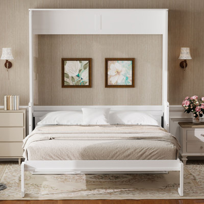 Grand lit escamotable avec bureau, lumières DEL et station de charge USB, blanc