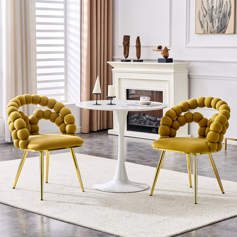 Ensemble de 2 chaises de salle à manger modernes en velours avec dossier à bulles et pieds en métal doré, Yellow