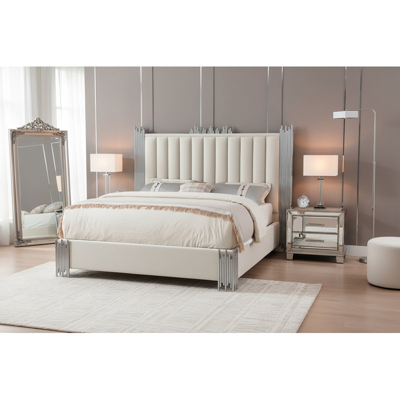 Lit tapissier standard à profil bas Elvyra, Grand, Crème / argenté