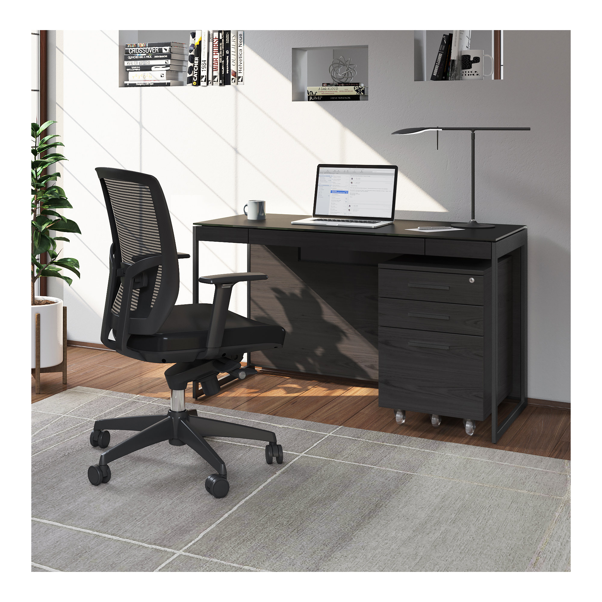 Sequel 20 Writing Desk, 24.75" H x 48" W x 24" D, Charcoal Stained Ash/Black