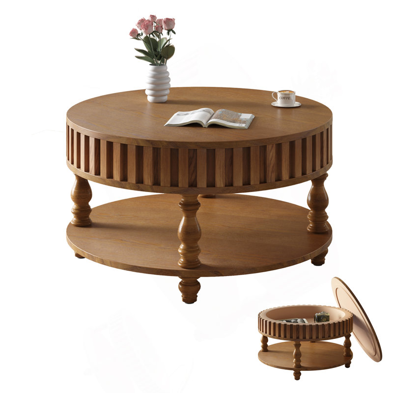 Table basse cannelée avec rangement et couvercle rabattable Farmhouse, Noyer