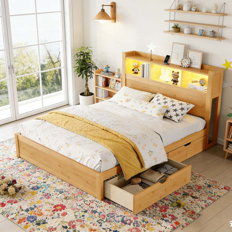Lit simple avec tiroirs, lit simple en bois avec tête de lit et armoire de rangement escamotable, Naturel, Lit simple