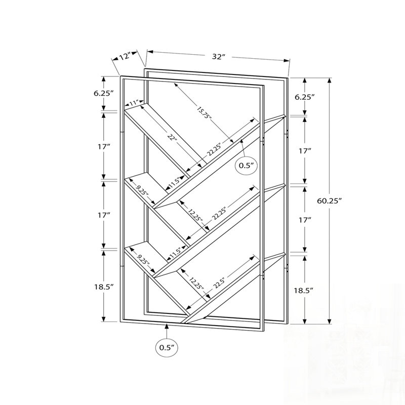Bibliothèque moderne à 3 niveaux avec tablettes inclinées, parfaite pour le rangement et la présentation de bureau et de chambre à coucher.
