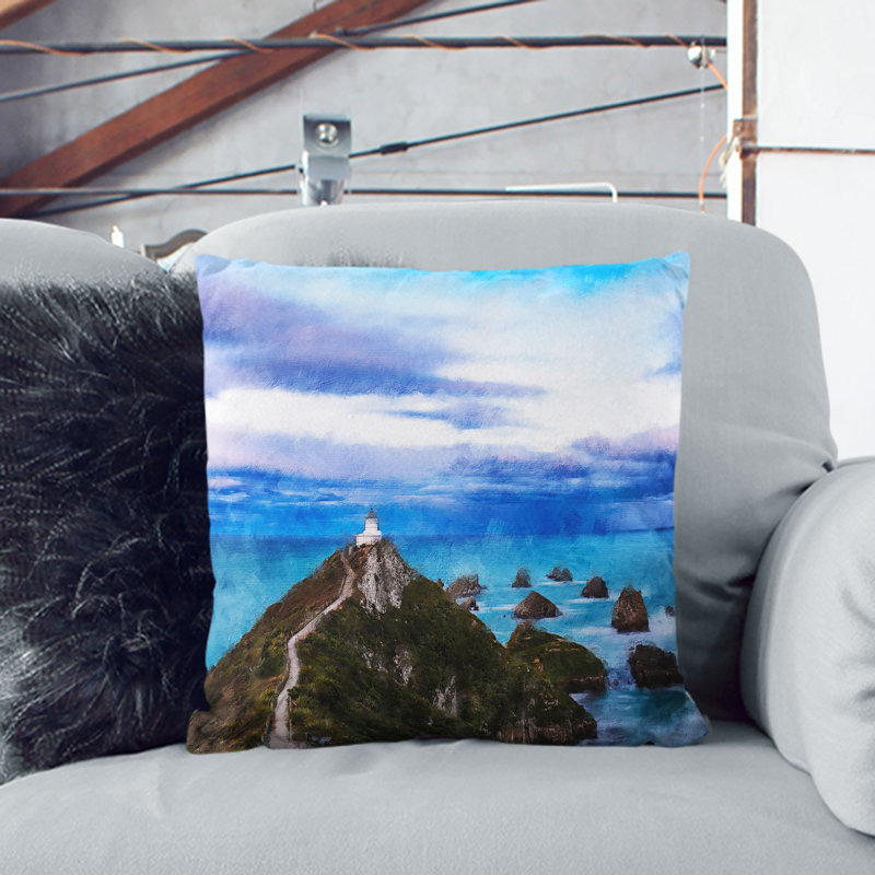 Lighthouse and Seascape New Zealand Painting Cushion with Filling, 40cm H x 40cm W x 15cm D, Stone