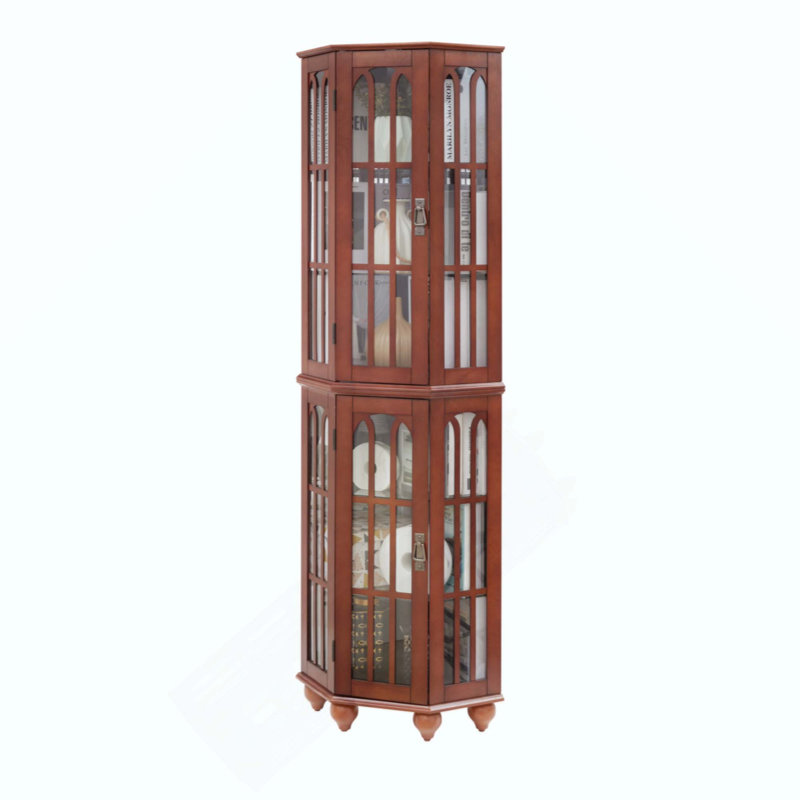 Corner Curio Cabinet With 4 Adjustable Tempered Glass Shelves And Lighting System, Solid Wood Legs,Acrylic Mirrored Back Panel(E26 Light Bulb Not Included)