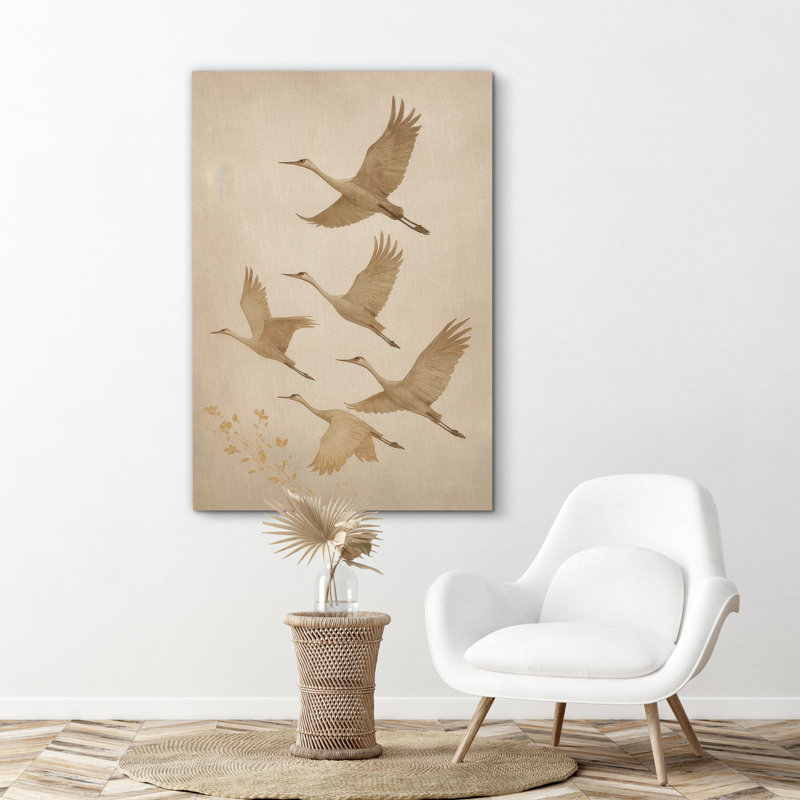 «Serene Beige Crane Group Soaring in Harmony», reproduction d'art sur toile encadrée, H 24 po x l 16 po x P 1,5 po