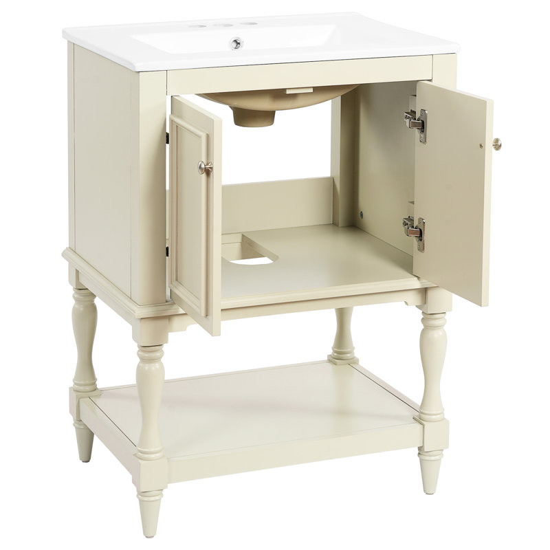 Meuble-lavabo 24 po avec rangement pratique et lavabo en céramique lisse, Beige