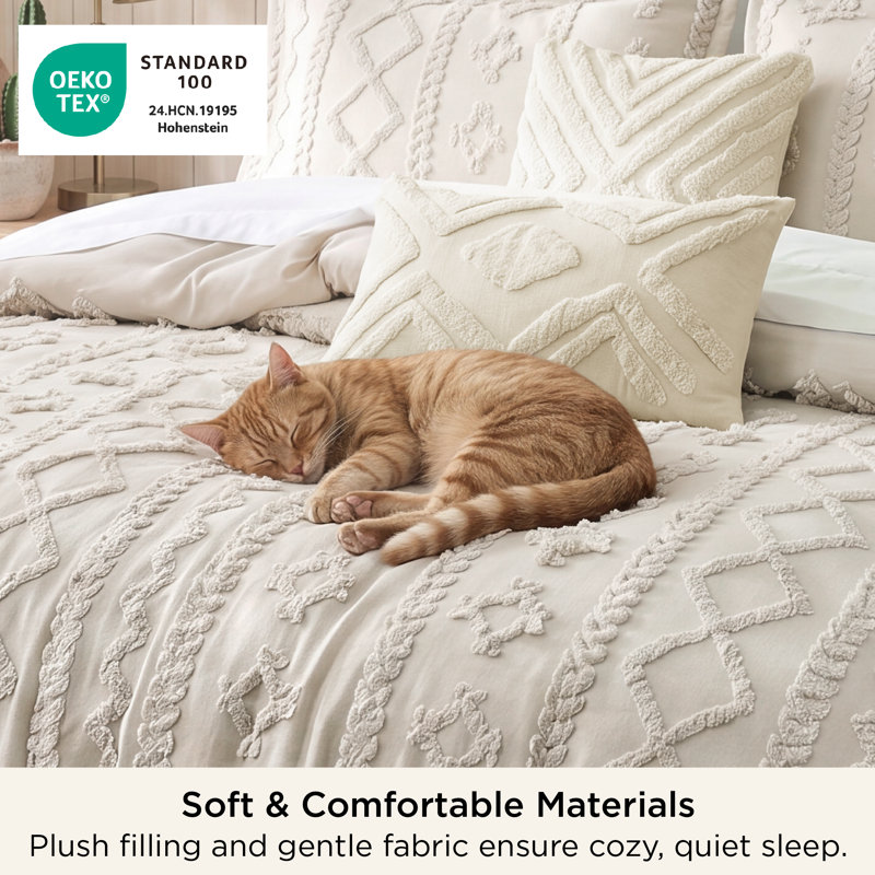 Bedsure Twin Tufted Boho Comforter Set - Beige Geometric Design, Farmhouse Embroidery, Soft 5-Piece Bedding Set, All Season