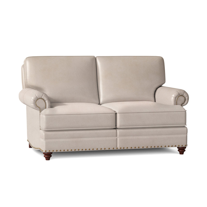Causeuse à accoudoirs roulés en cuir véritable 64,5 po Carrado, Naturel français, Acajou, Cuir véritable minéral Rio