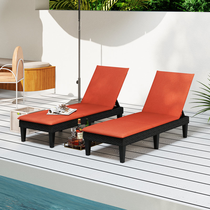 2PCS Patio Lounge Chair Recliner Chair w/ 3-Position Adjustable Backrest & Cushion Black & Orange, Orange, Black