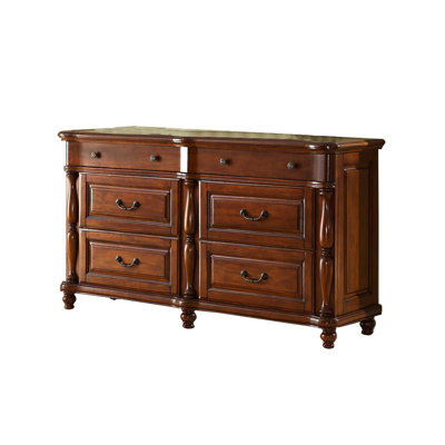 Commode 6 tiroirs 62,99 po en bois massif brun rétro, plateau ondulé incurvé avec colonnes sculptées et pieds sculptés, armoire de rangement classifiée à usages multiples pour la maison, le salon, le vestibule et la chambre à coucher