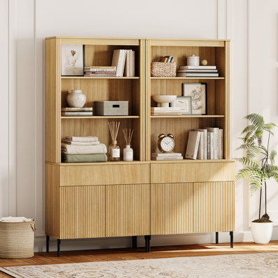 71.6"H X 63"W Set Of 2 Bookcase With Storage Cabinets, 10 Tier Bookshelf With Fluted Doors And Drawers, Large Modern Display Cabinet For Living Room Bedroom Home Office Kitchen