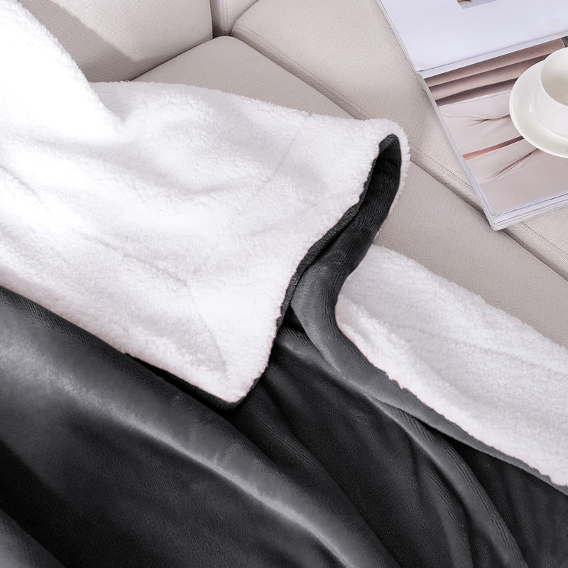 Sanborn Soft Reversible Sherpa Fleece Fur Thick Blanket Throw, 230cm x 270cm, Grey