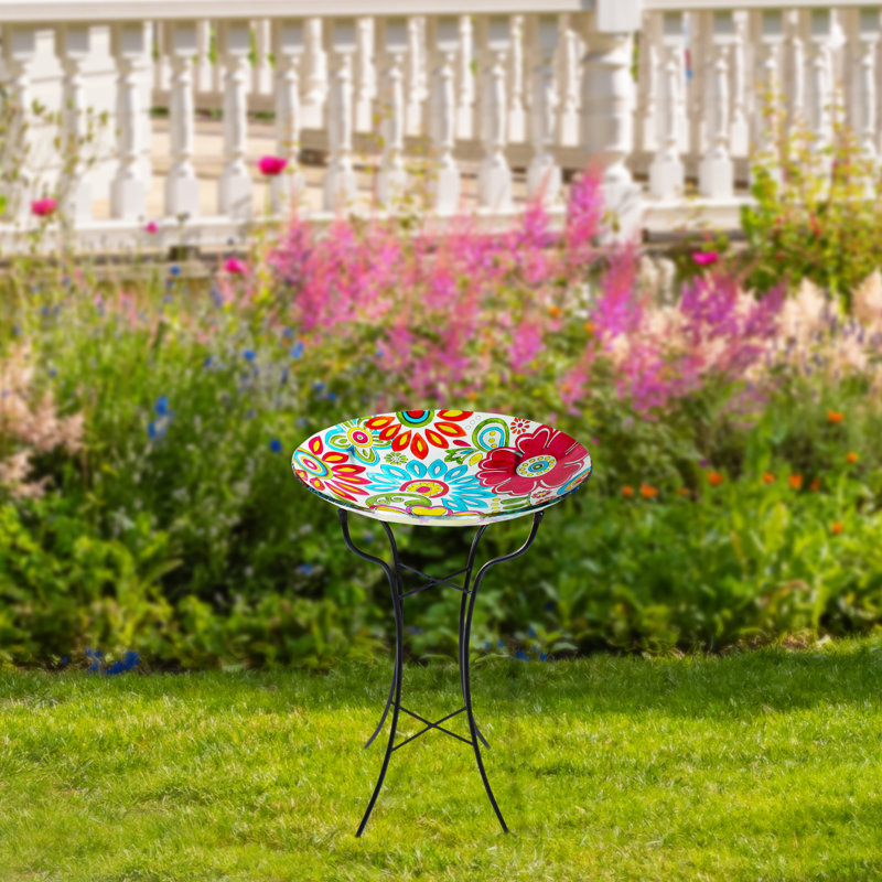 18" Pastel Pink And Blue Flowers Hand Painted Glass Outdoor Patio Bird Bath