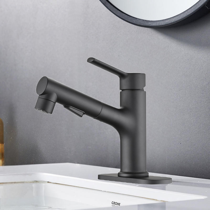 Robinet de lavabo de salle de bain moderne à poignée simple avec bouchon de bonde escamotable et plaque de pont, Noir mat