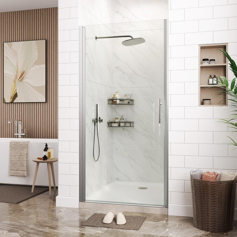 72" x 34" Frameless Pivot Shower Door, 6mm Clear Tempered Glass with Stainless Steel Handle, Easy to Clean, Brushed Nickel