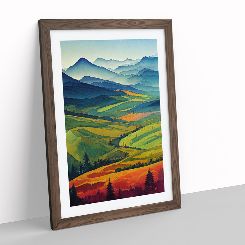 Watercolour Meadow Landscape No.1 - Wall Art, 36cm H x 27cm W, Walnut Framed Paper, White
