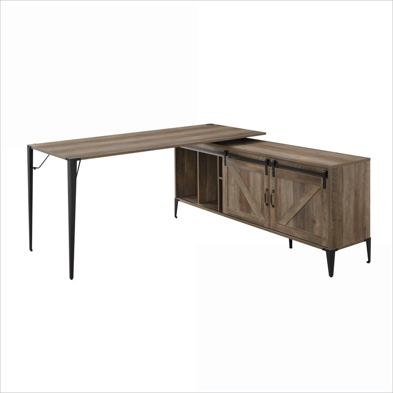 Bureaux, chêne rustique & amp; Bureau d'écriture en L noir avec porte de grange coulissante | Noir | Métal, Brun