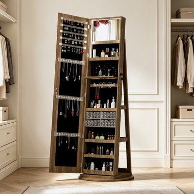 Armoire pour bijoux pivotante à 360 ° autoportante, armoire de rangement verrouillable brune avec miroir pleine longueur et lumières DEL intérieures pour le vestiaire de la chambre à coucher