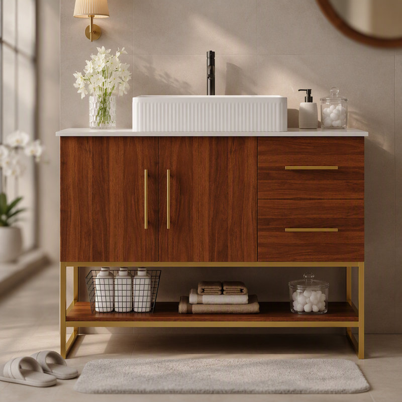 Meuble-lavabo moderne de 36 po avec lavabo vasque en céramique, armoire d'appoint dorée, Rectangle, Brun