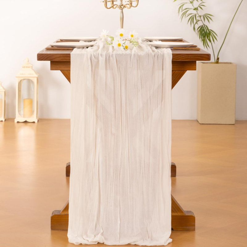 Chemin de table en gaze de fromage, style bohème estival, idéal pour mariage, anniversaire, fête ou décoration intérieure | Ivoire et blanc, ensemble de 6 pièces, gaze rustique de 3 m, chemin de table transparent de style champêtre pour fête prénatale, enterrement de vie de jeune fille et fêtes.