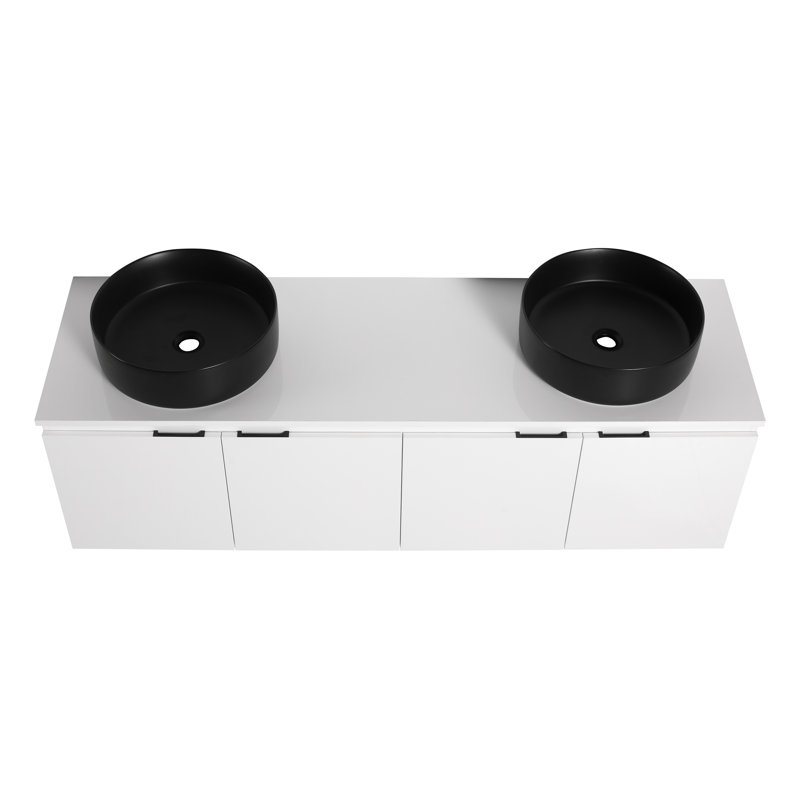 Dalmahoy 60" Bathroom Vanity with Sink, 60 Inch Floating Vanity, Double Sink Wall Mounted Vanity Combo, Modern White Bathroom Vanity Set with 4 Doors and Ceramic Basin Sink