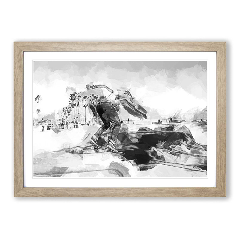 Venice Beach Skateboarder in Abstract - Picture Frame Graphic Art Print, 50cm H x 76cm W x 2cm D, Oak