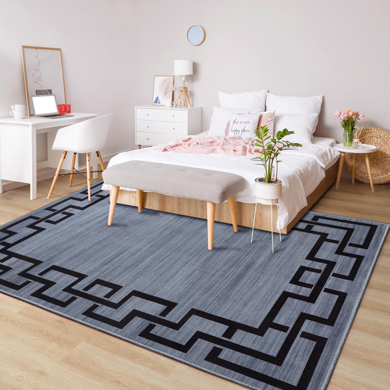 Nico Geometric Pattern Printed Area Rug - Cool Greyish Blue with Bold Black Frame, Rectangle 160 x 230 cm