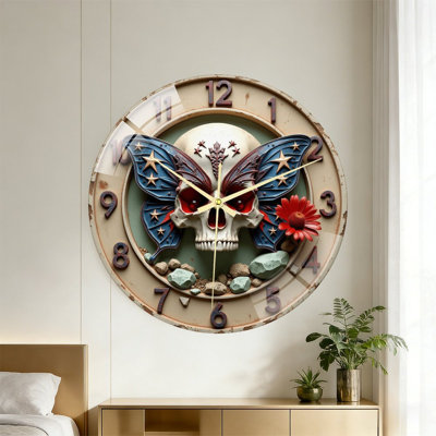 Skull Butterfly Stars Flower Rocks Clock Numbers Art Art - 16'' Modern Glass Wall Clock