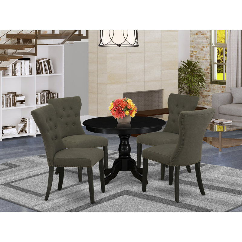 3 Piece Dining Set Contains a Round Dining Room Table with Pedestal and 2 Dark Gotham Linen Fabric Upholstered Parson Chairs, Wire brushed Black