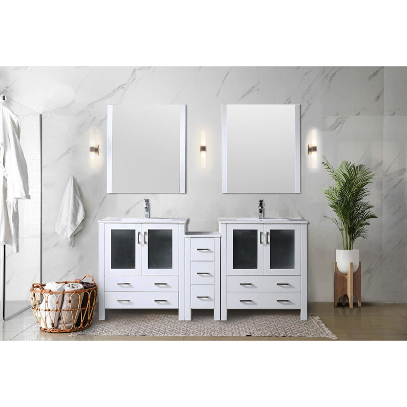 72 po Large meuble-lavabo double blanc avec armoire latérale, comptoir en céramique, robinet inclus, fonction de fermeture en douceur, deux armoires et sept tiroirs de rangement, comptoir Scratch, robinet à un trou